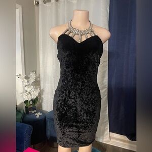 Maru Elegant Black Velvet like Dress Bodycon short diamond silver Large stretch